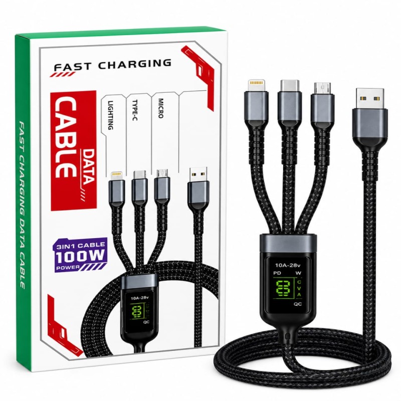 3 in 1 100W Fast Charging Data Cable with LED Display (Type-C, Lightning, Micro USB)
