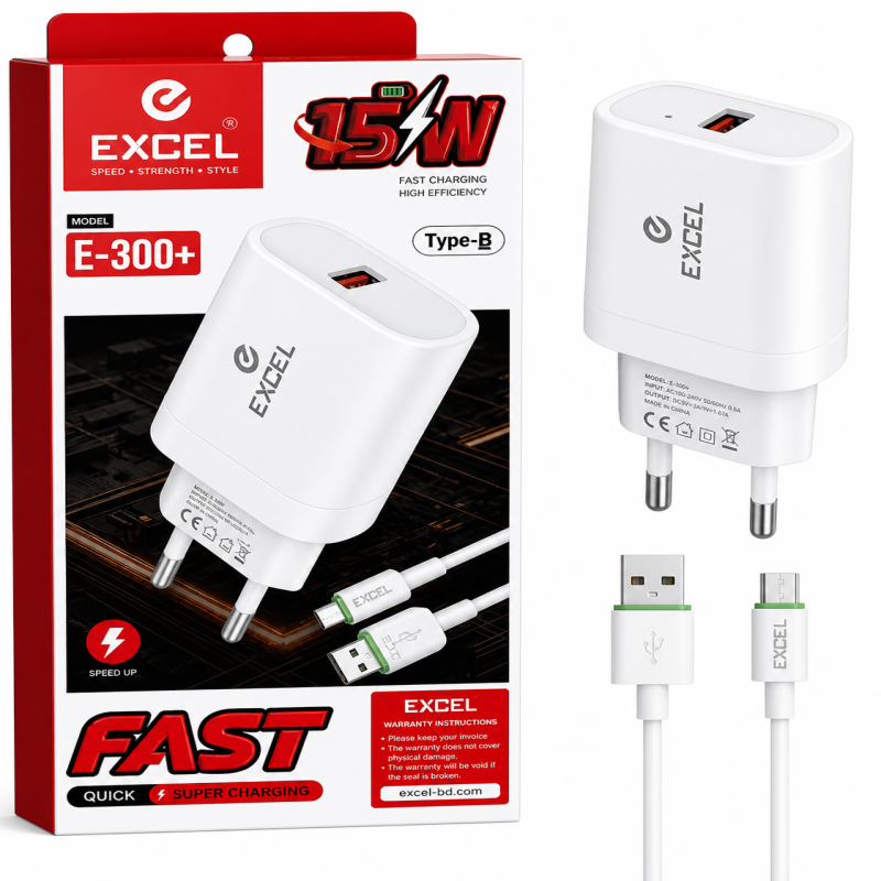 Excel E-300+ 15W Type-B Fast Charger with Cable