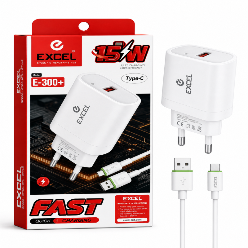Excel E-300+ 15W Type-C Fast Charger with Cable