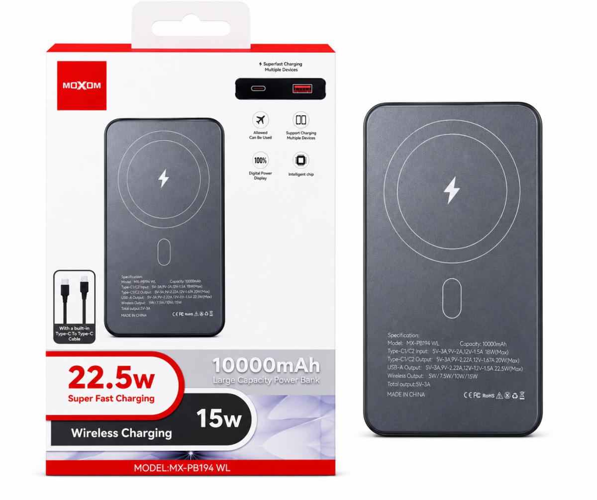 MOXOM MX-PB194 WL 10000mAh 22.5W Magnetic Wireless Fast Charging Power Bank