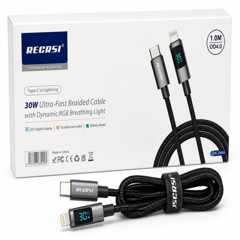Recrsi RE-ZN896 30W Type-C to Lightning RGB Braided Cable
