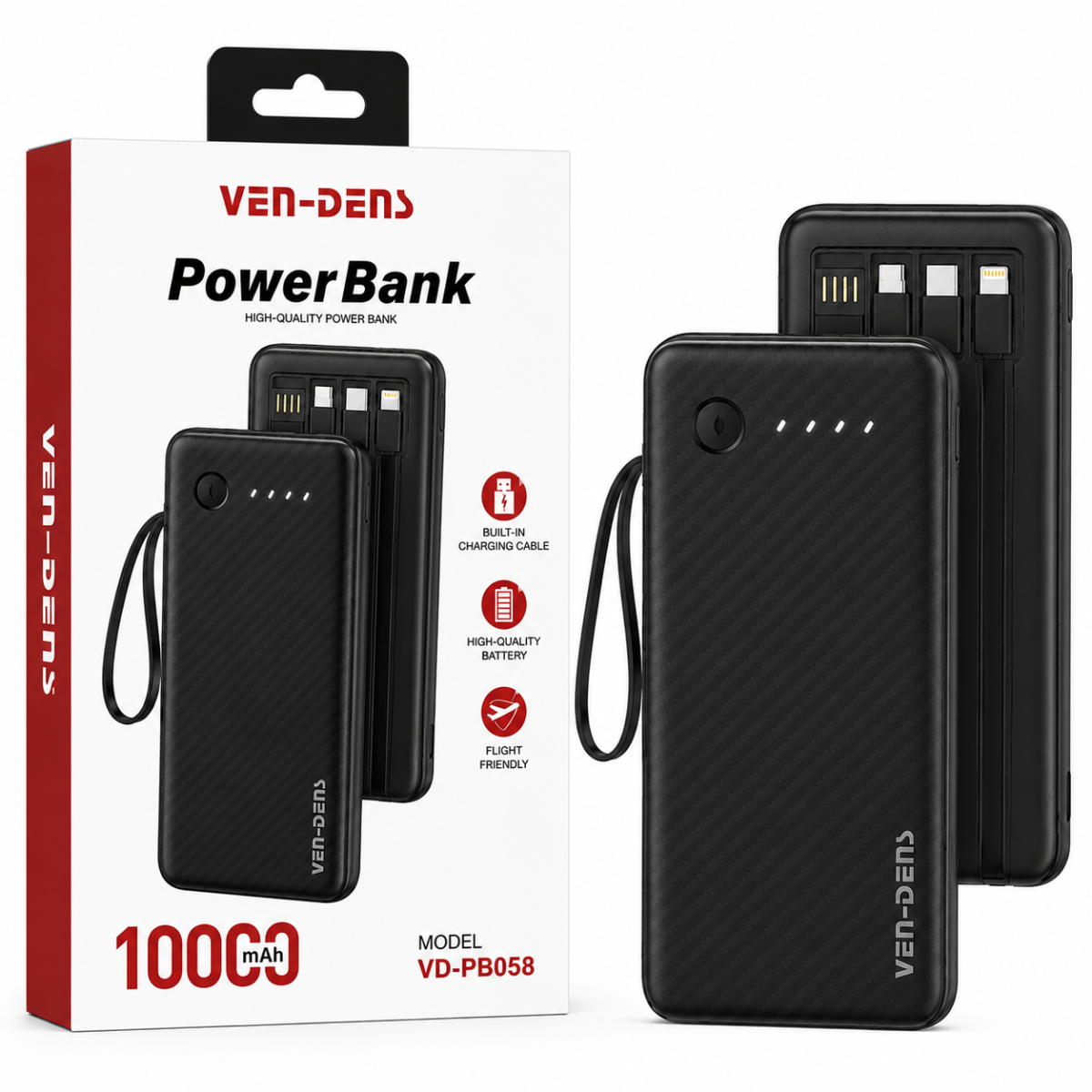 VEN-DENS VD-PB058 10000mAh Power Bank with Built-in Cables